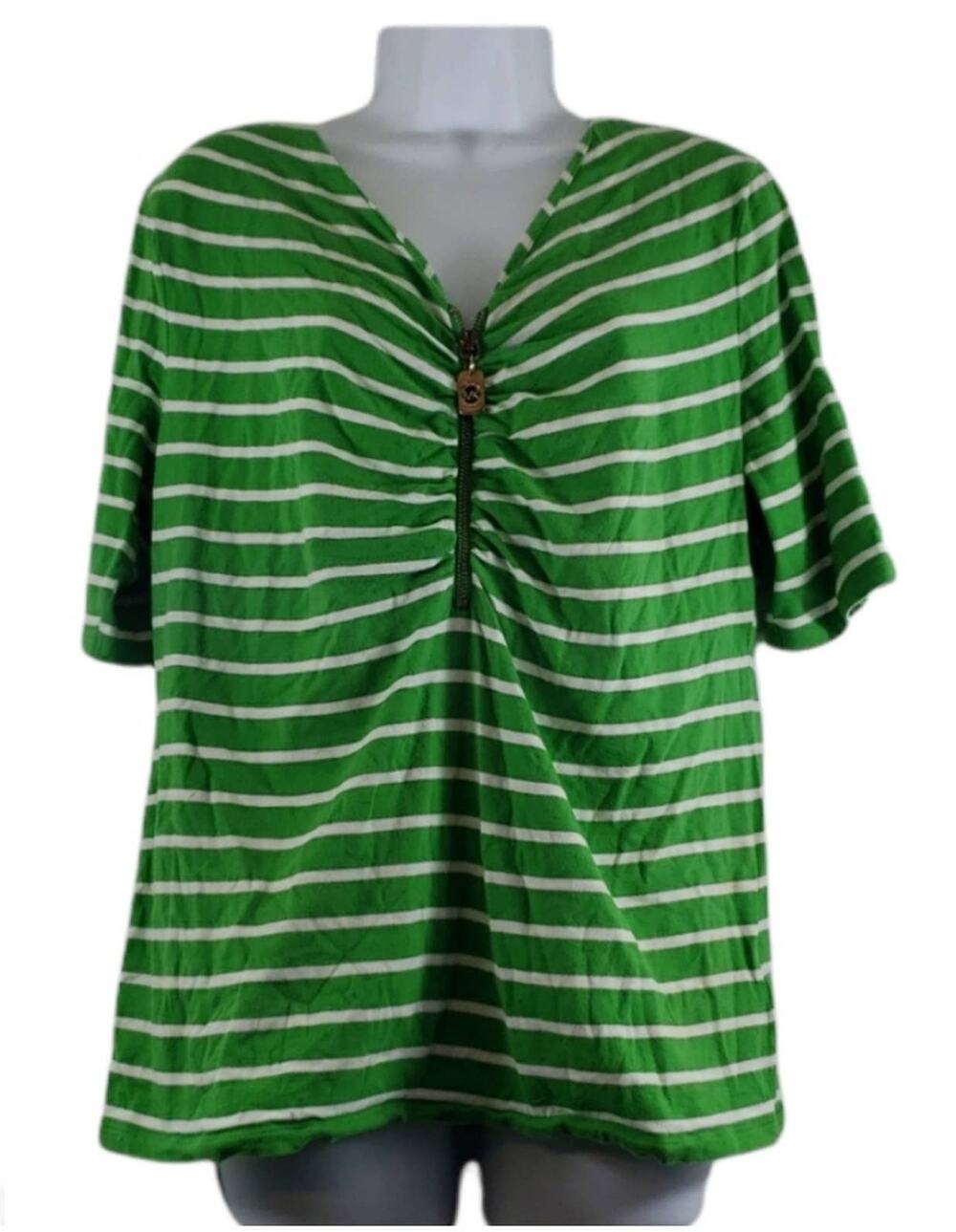 Michael Kors Green/White Quarter Zip Striped Blouse Size Large